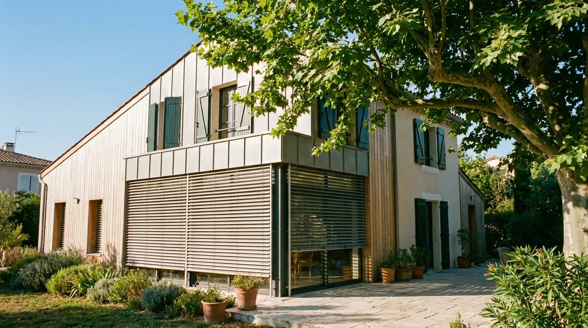 Maison avec protections solaires extérieures (BSO) pour le confort d'été